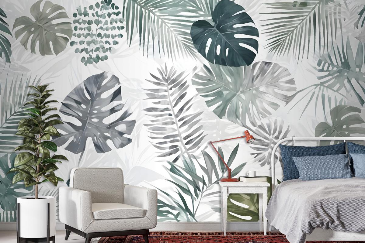 Retro Tropical Leaf Pattern Wallpaper Mural