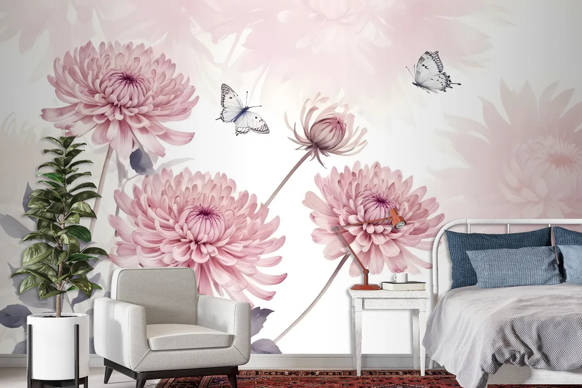 Retro Watercolor Pink Dandelion Flower Art Wallpaper Mural