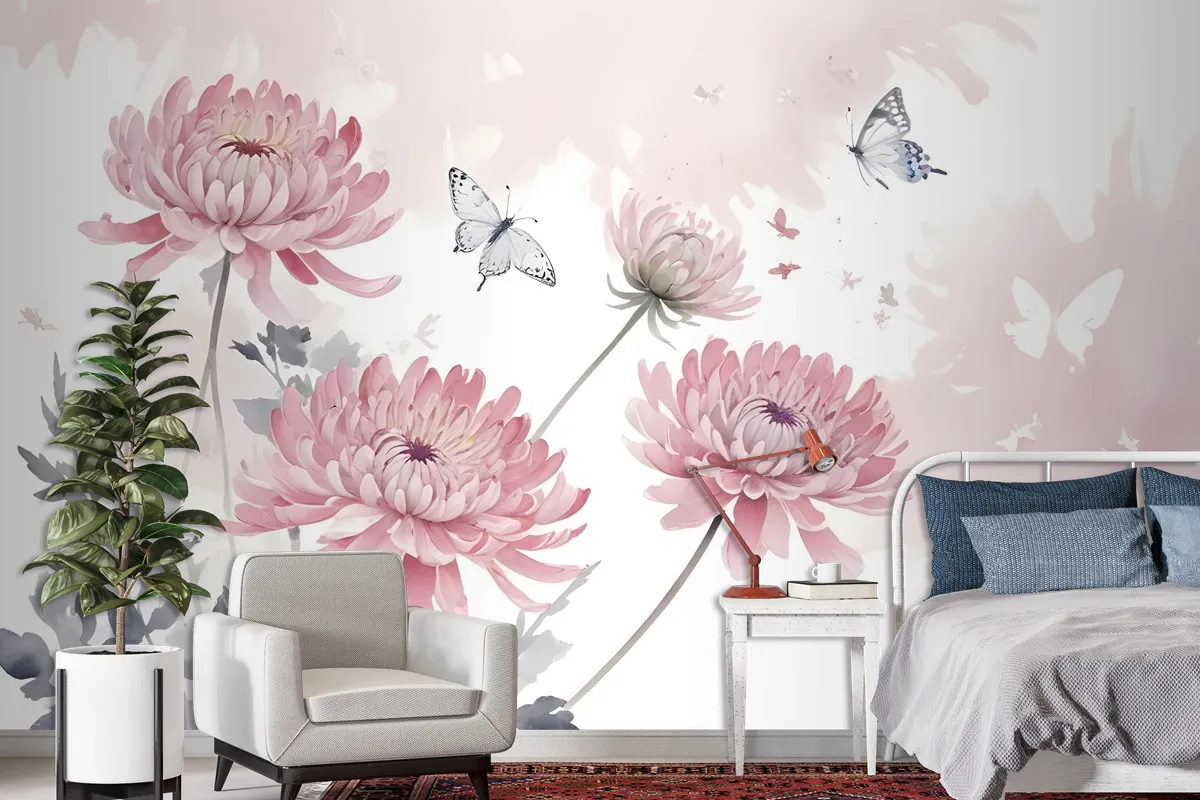 Retro Watercolor Pink Dandelion Flower Art Wallpaper Mural