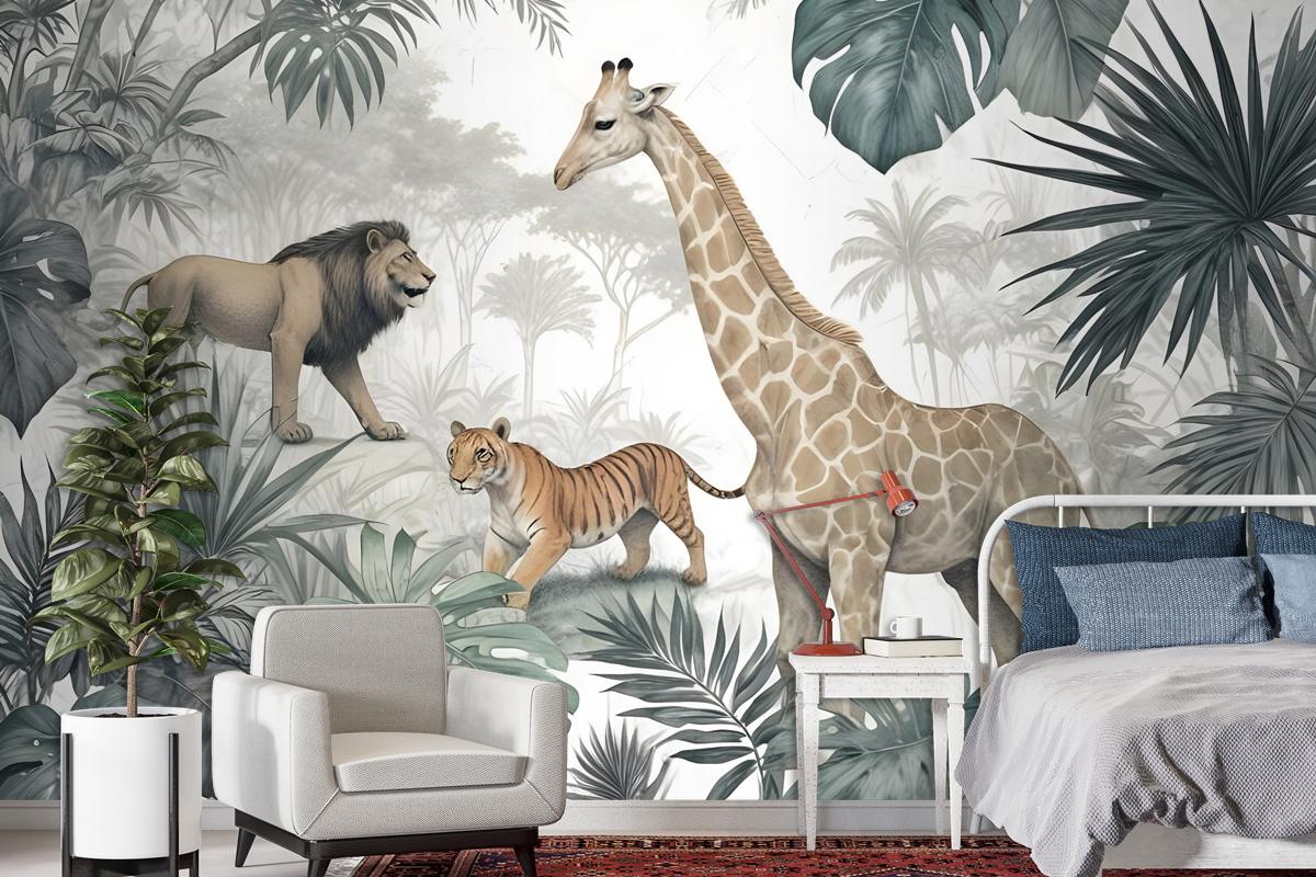 Retro Wild Animals With Tropical Leaves Wallpaper Mural