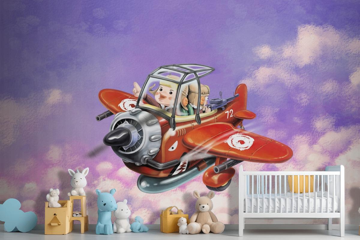 Riding A Red Plane Fly In The Sky Two Aviators Wallpaper Mural