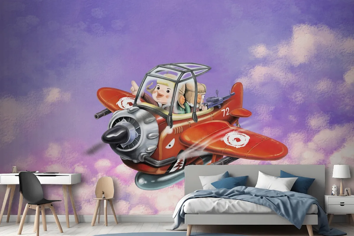 Riding A Red Plane Fly In The Sky Two Aviators Wallpaper Mural