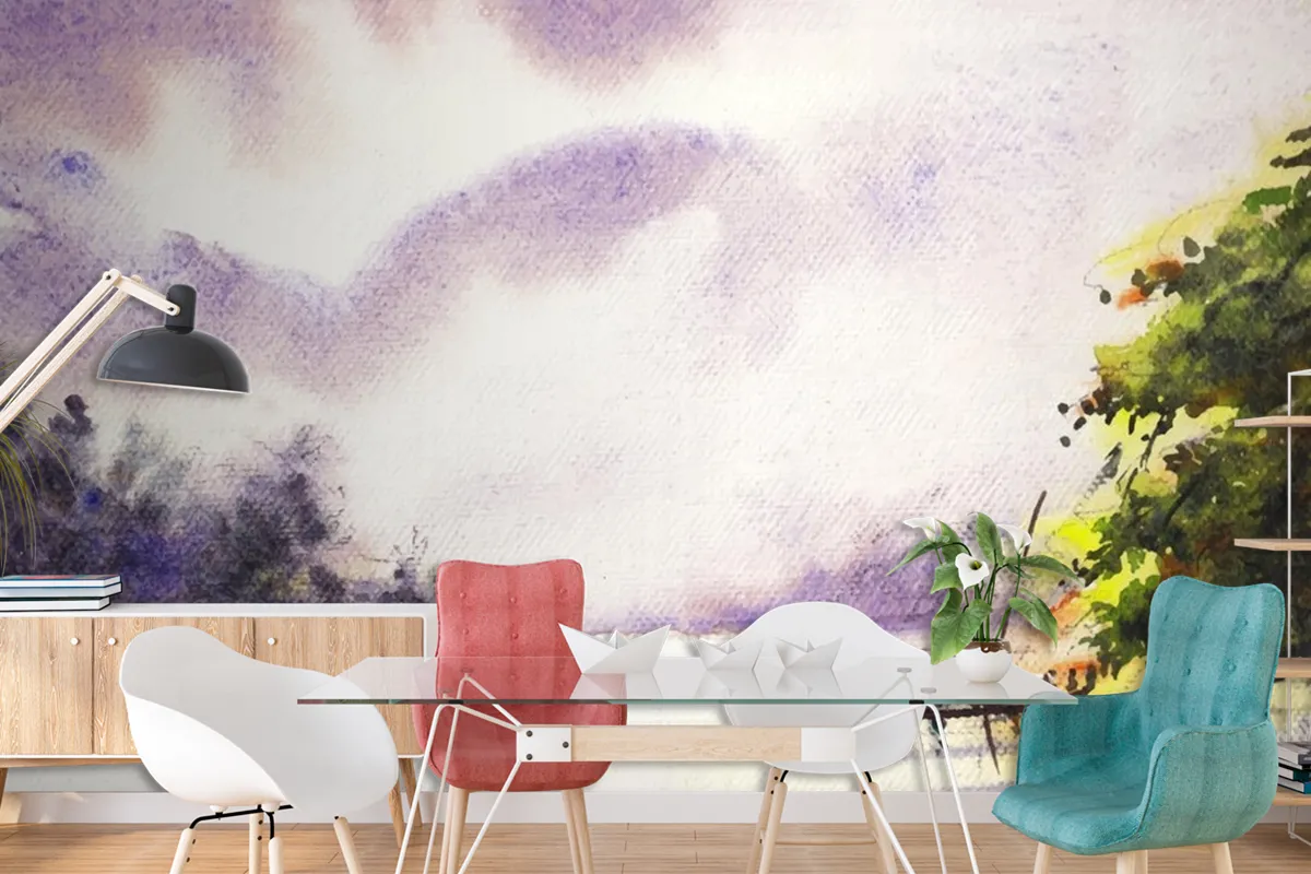 River And Life Hand Paint Watercolor Art Wallpaper Mural