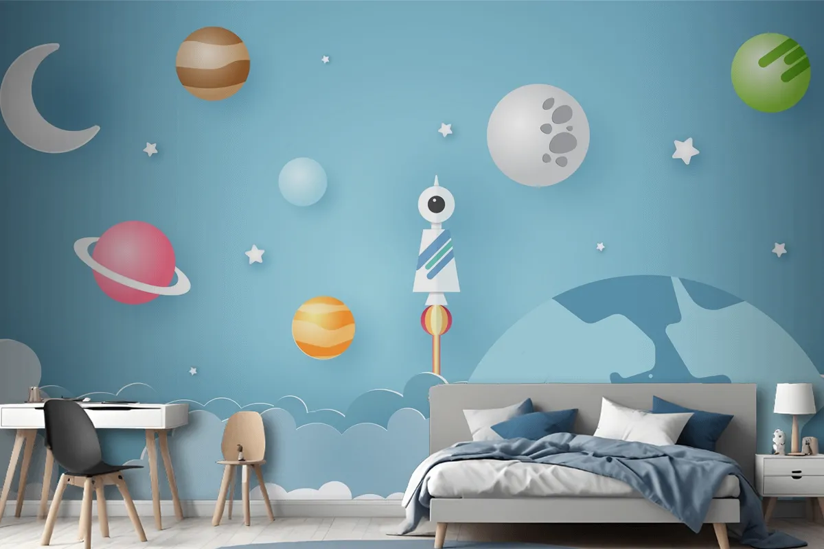 Rocket Is Surrounded By Various Celestial Objects Such As Planets Wallpaper Mural