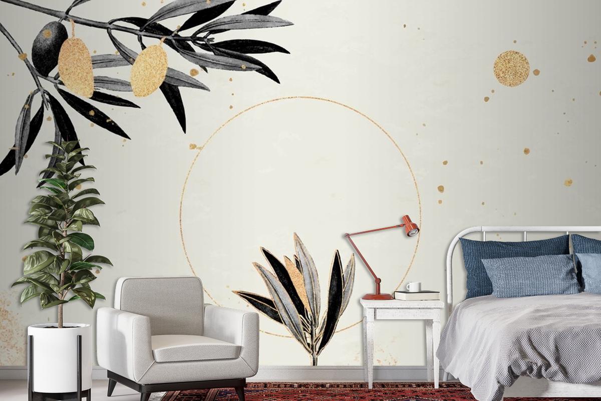 Round Gold Frame With Olive Branches Wallpaper Mural