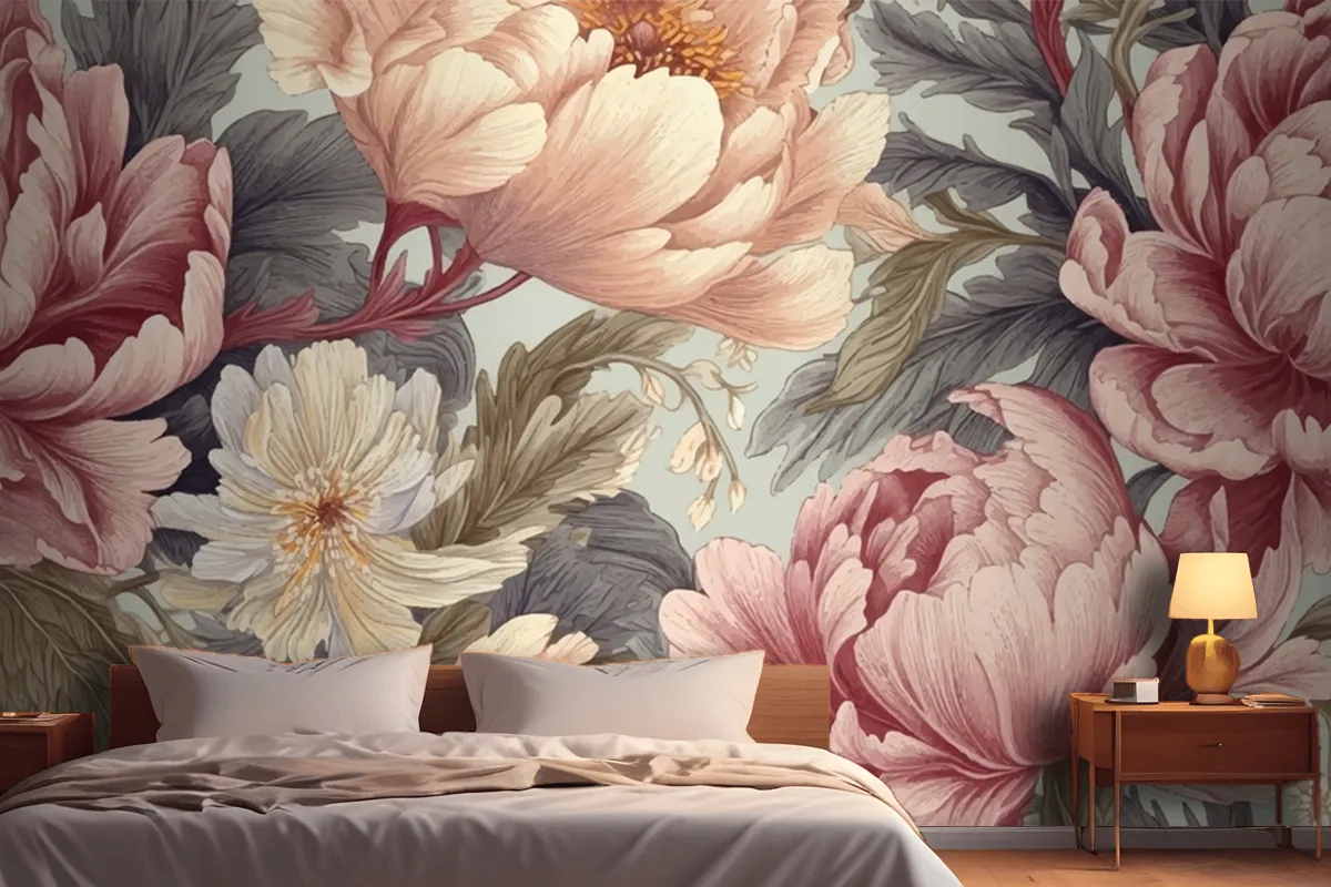 Seamless Boho Floral Pattern With Pink Peony Flowers Wallpaper Mural