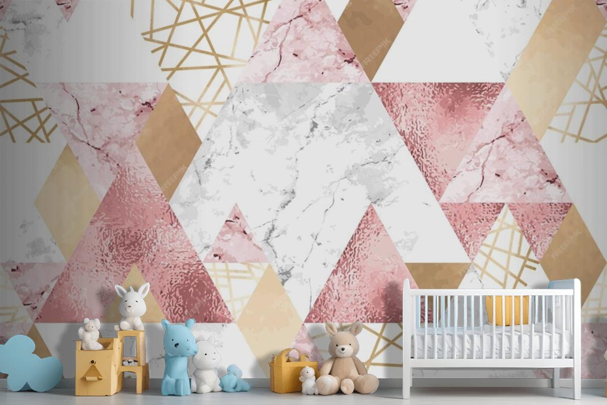 Seamless Geometric Pattern With Metallic Lines Rose Gold Gray And Pink Marble Triangles Wallpaper Mural