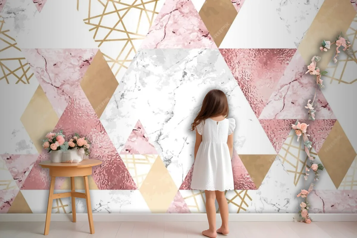 Seamless Geometric Pattern With Metallic Lines Rose Gold Gray And Pink Marble Triangles Wallpaper Mural