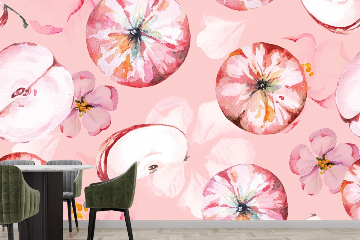 Seamless Pattern Apple And Flower Painted Wallpaper Mural