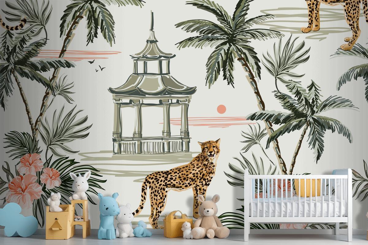 Seamless Pattern Background With Coconut Palm Trees Leopard Wallpaper Mural