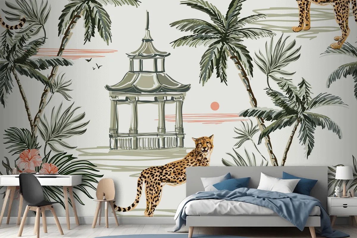 Seamless Pattern Background With Coconut Palm Trees Leopard Wallpaper Mural