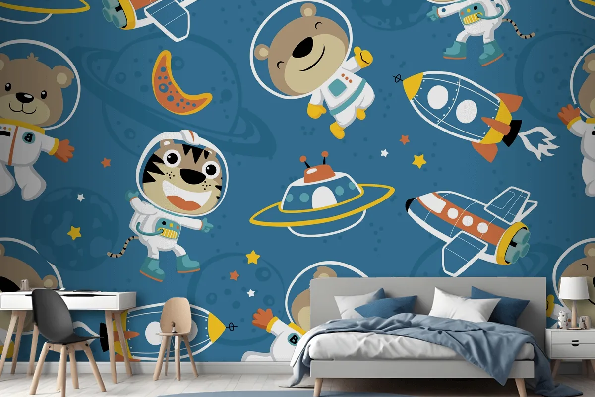 Seamless Pattern Of Funny Astronaut In Outer Space Transportation Wallpaper Mural