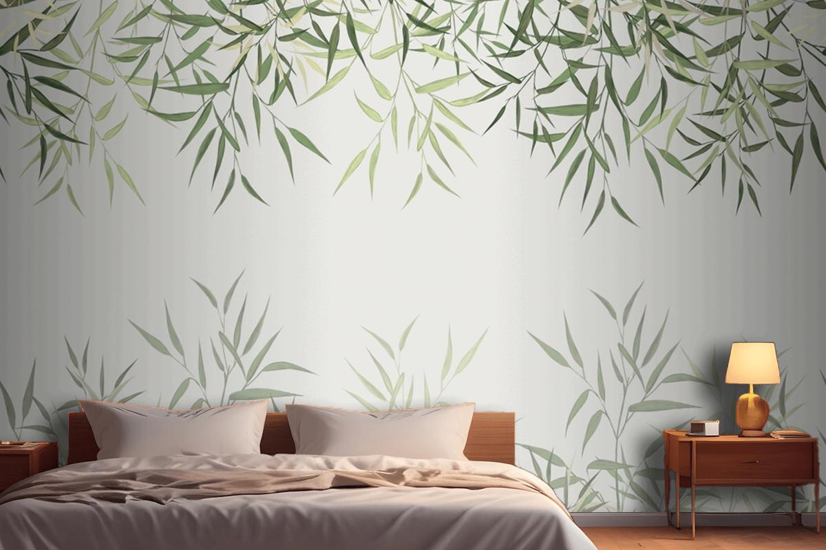 Seamless Pattern Of Reed Bamboo Leaves On A Light Background Wallpaper Mural