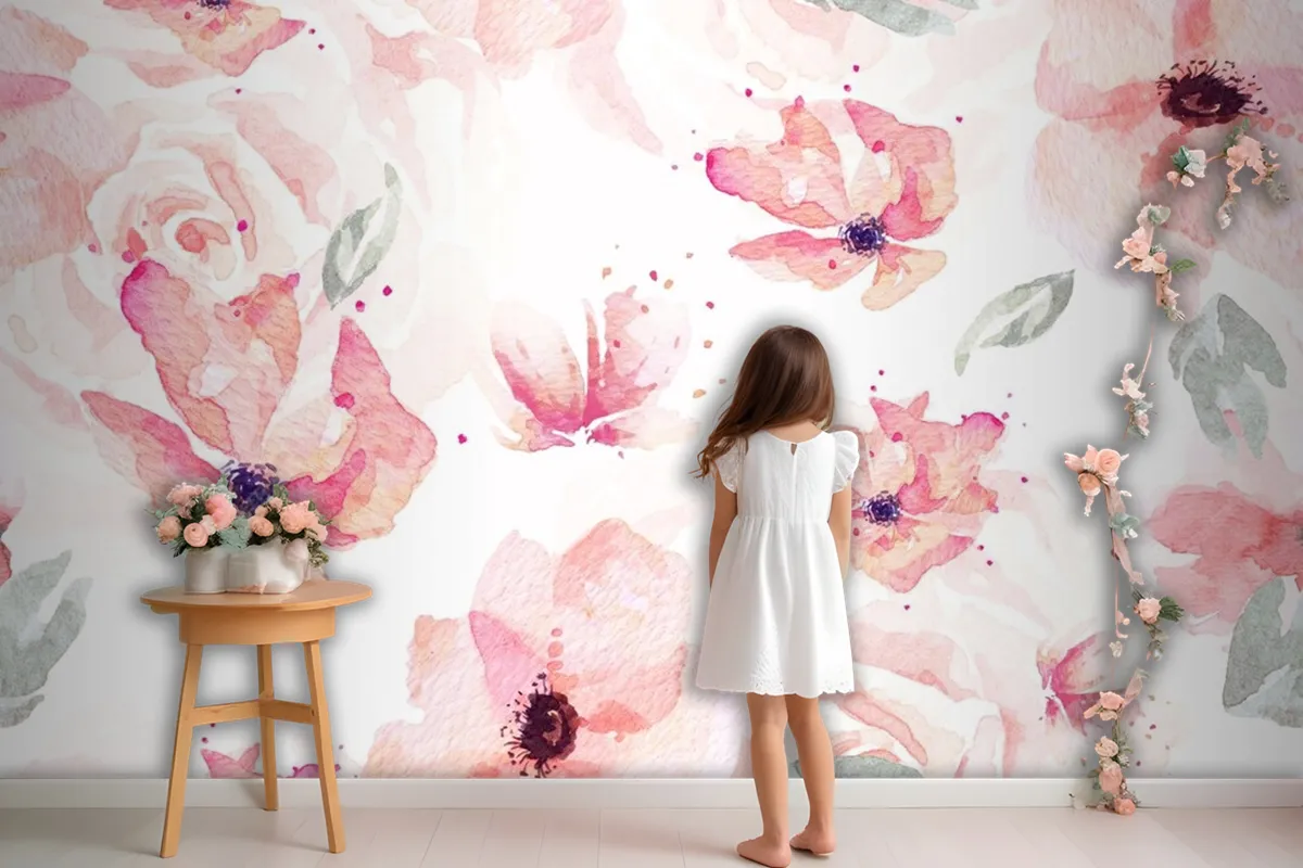 Seamless Pattern Of Rose And Orange Flowers Drawn Wallpaper Mural