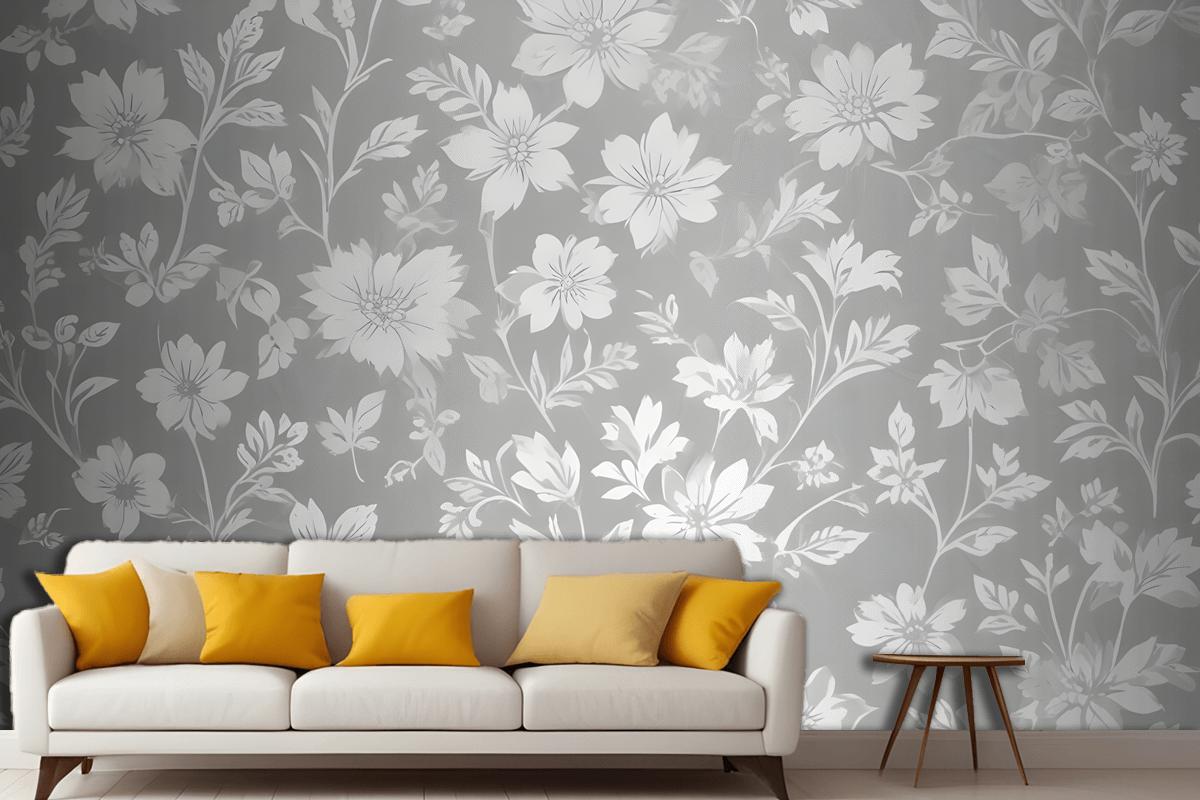 Seamless Pattern Of White Floral Silhouettes On A Light Gray Wallpaper Mural