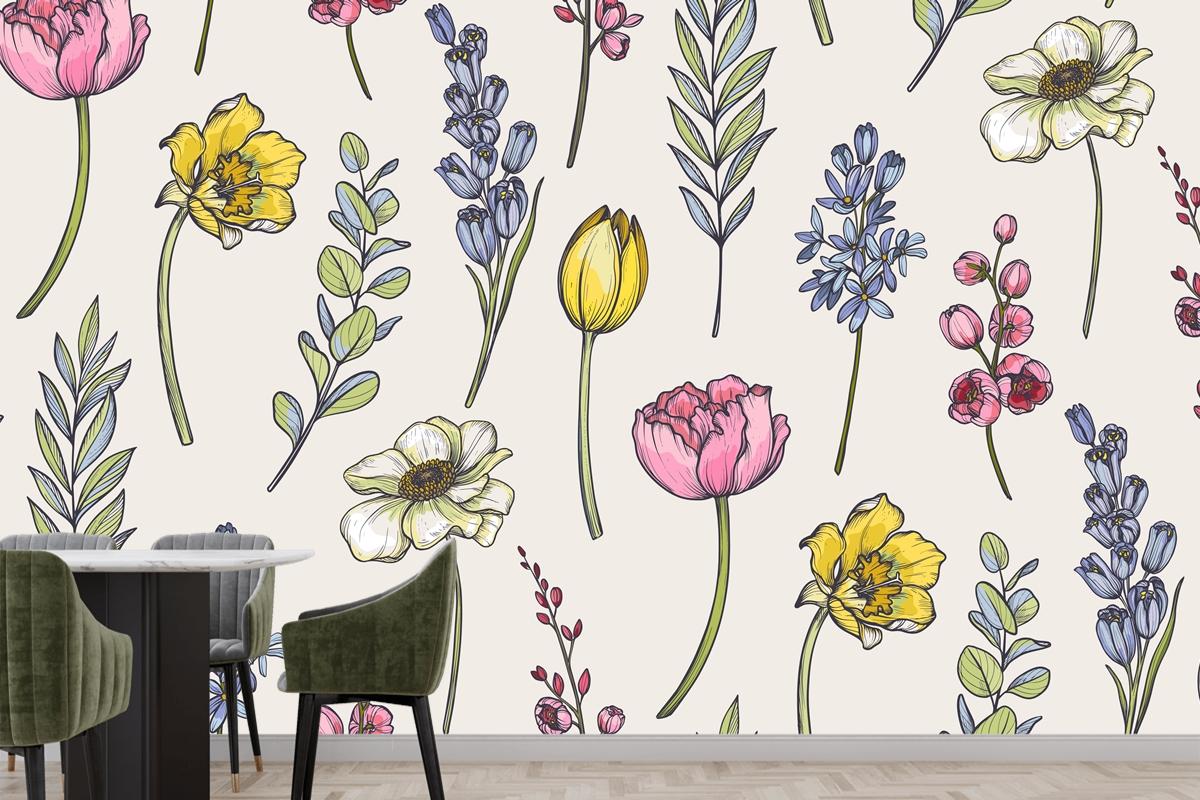 Seamless Pattern With Bouquets Of Spring Flowers Wallpaper Mural