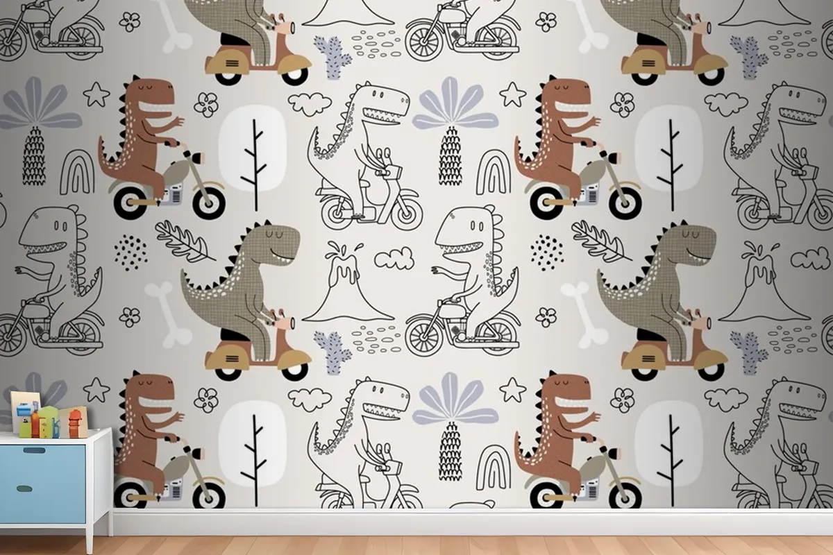 Seamless Pattern With Cute Dinosaur Riding A Motorbike Wallpaper Mural