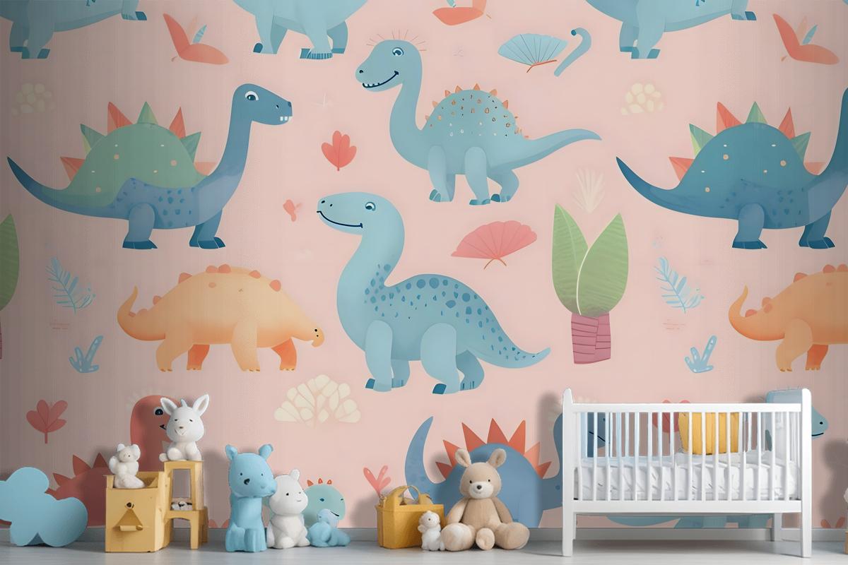 Seamless Pattern With Cute Dinosaurs Cute Dinosaurs Wallpaper Mural