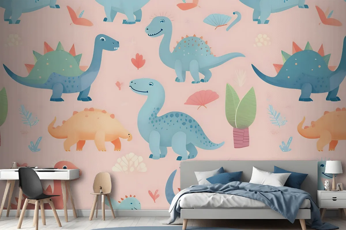 Seamless Pattern With Cute Dinosaurs Cute Dinosaurs Wallpaper Mural