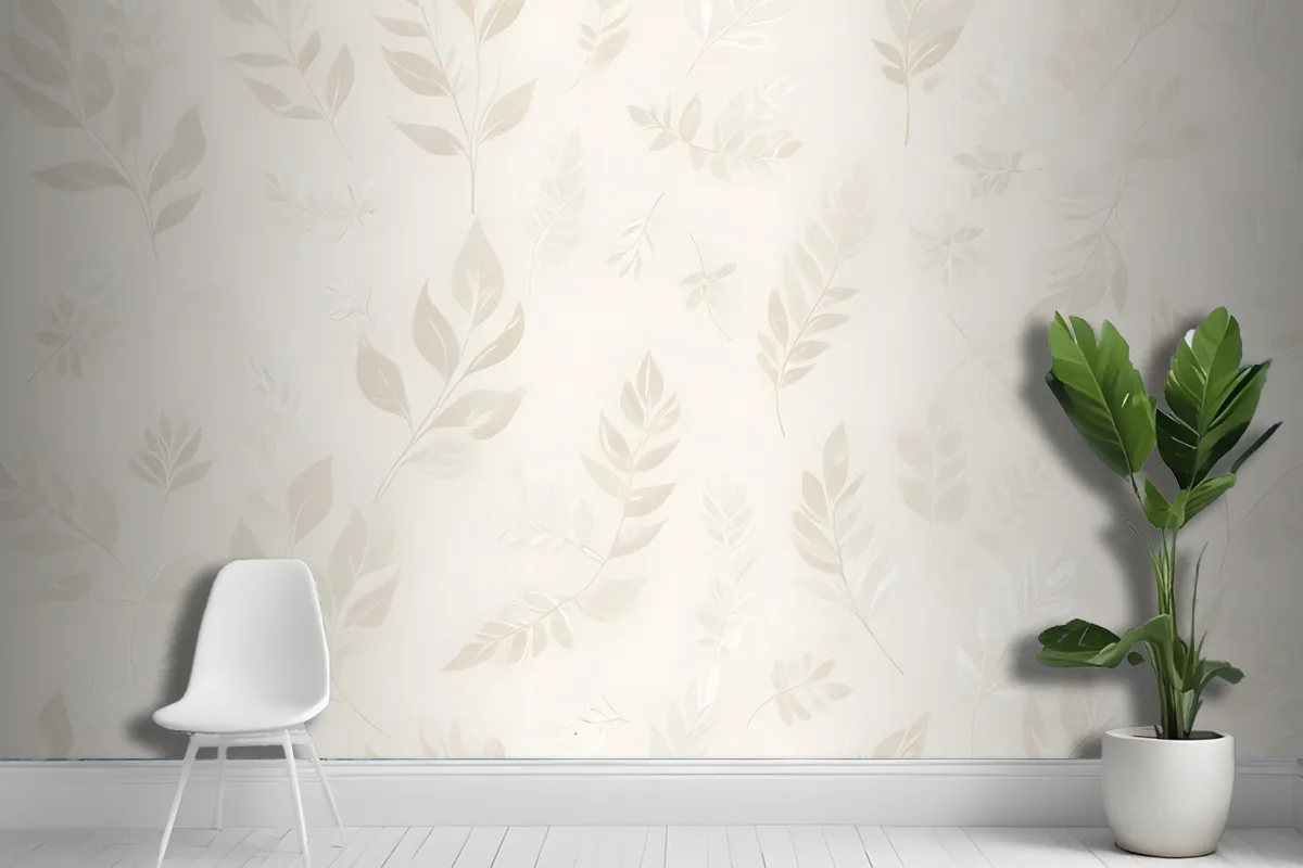 Seamless Pattern With Delicate White Leaves And Floral Elements On A Light Beige Wallpaper Mural