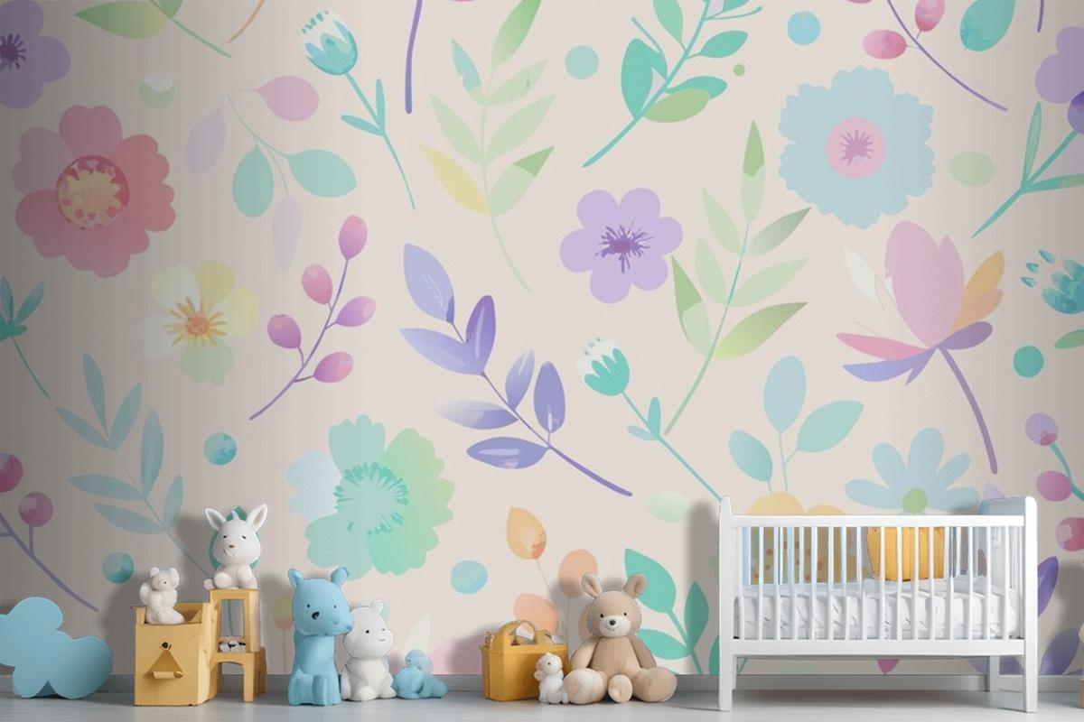 Seamless Pattern With Flowers And Leaves In Pastel Colors Wallpaper Mural