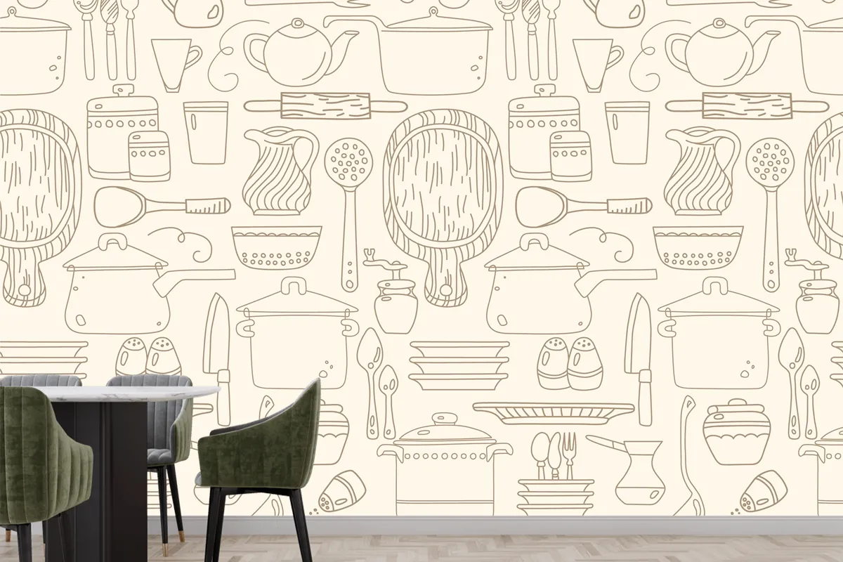 Seamless Pattern With Kitchen Utensils On Beige Wallpaper Mural