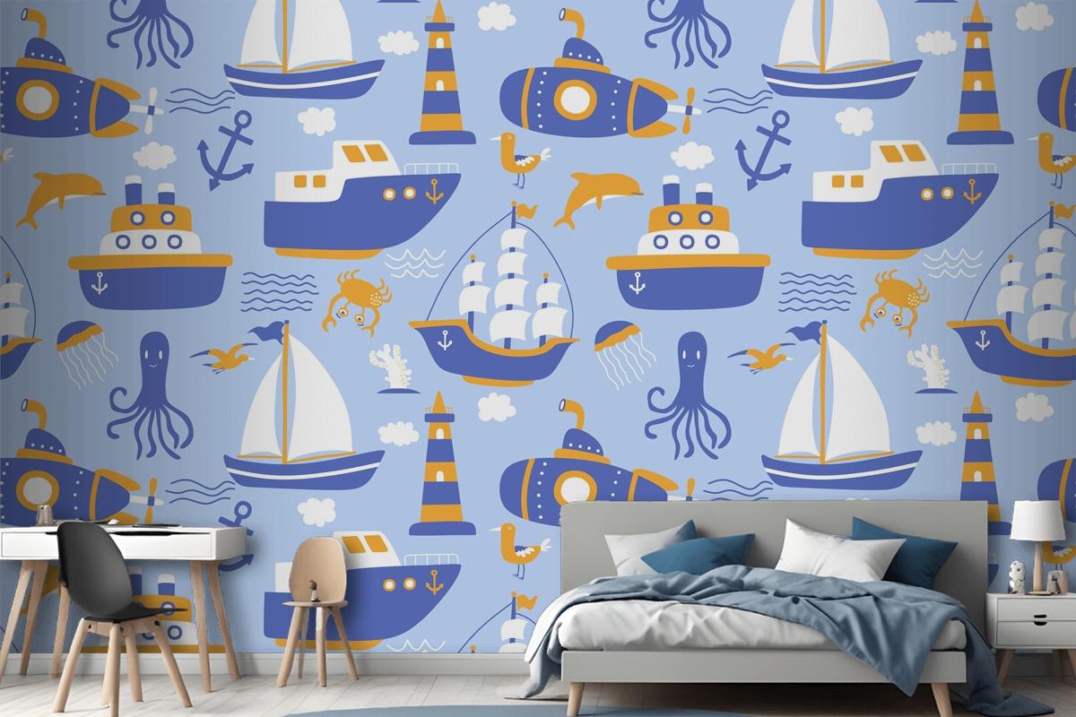 Seamless Pattern With Ships Wallpaper Mural