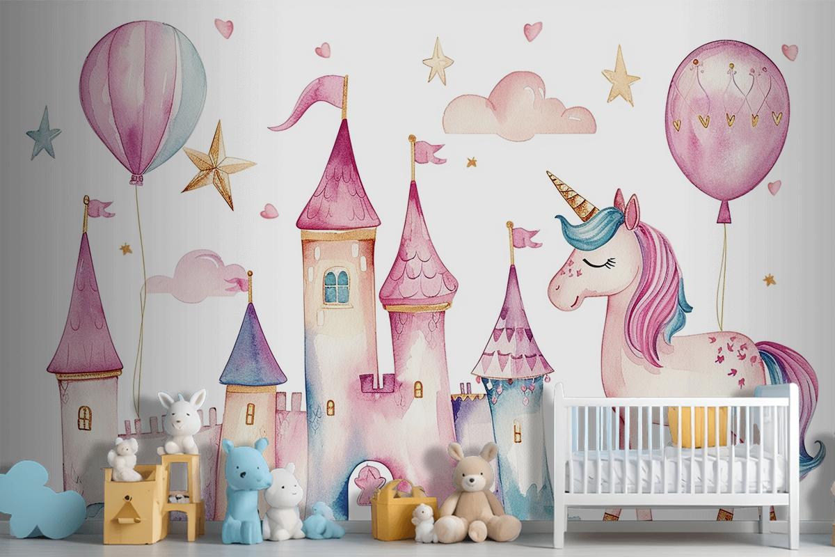 Set Of Cute Watercolor Kingdom Unicorn And Castle For Kids Book Birthday Party Wallpaper Mural