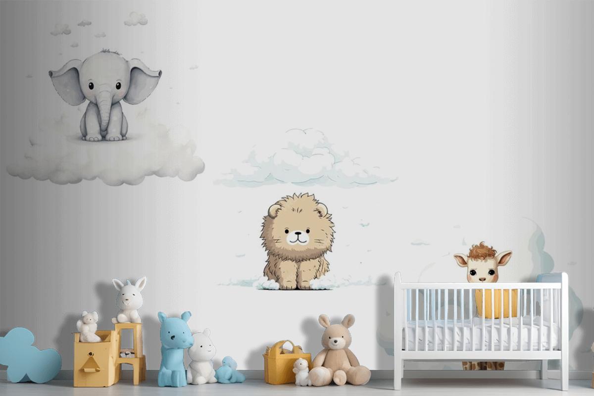 Set Sute Baby Funny Animals Elephant Giraffe Lion Wallpaper Mural