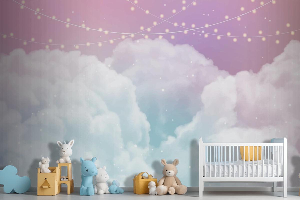 Sky Background With Sugar Cotton Candy Clouds And Stars Design Wallpaper Mural