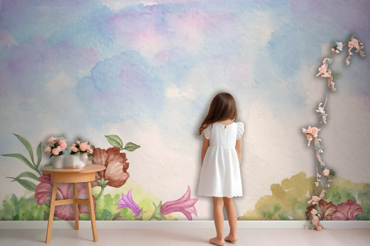 Sky View Watercolor Landscape Background With Flowers Wallpaper Mural