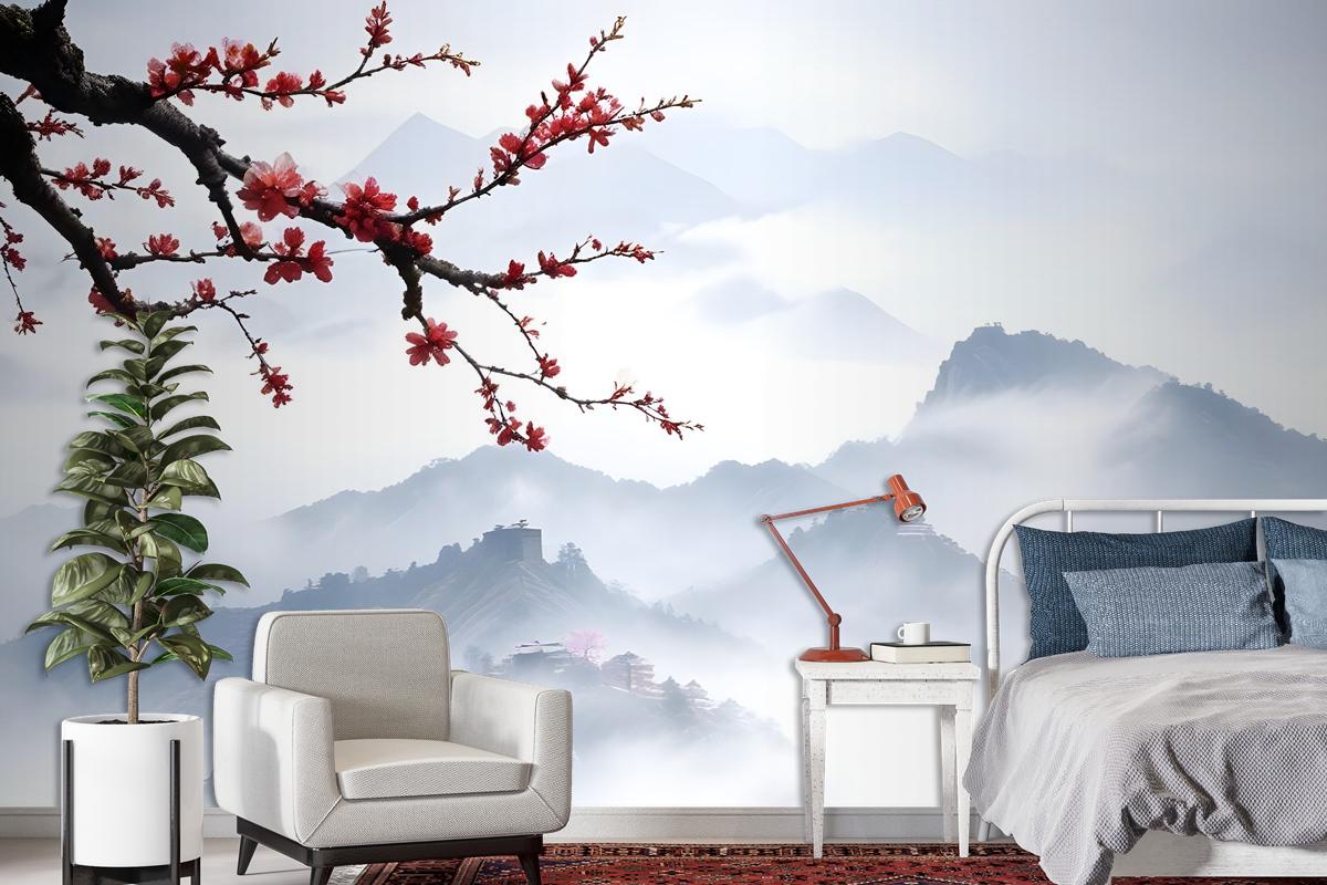 Snowy Mountainscape With Cherry Blossom Wallpaper Mural