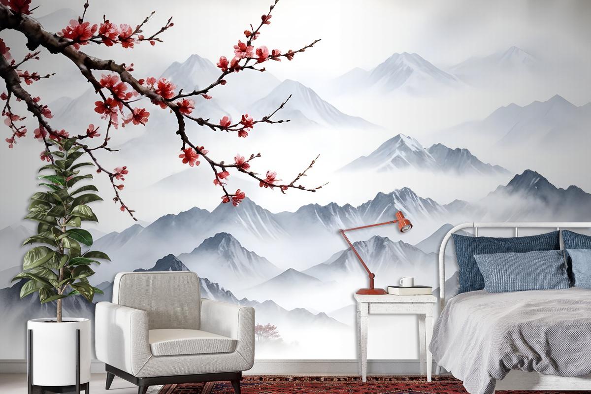 Snowy Mountainscape With Cherry Blossom Wallpaper Mural