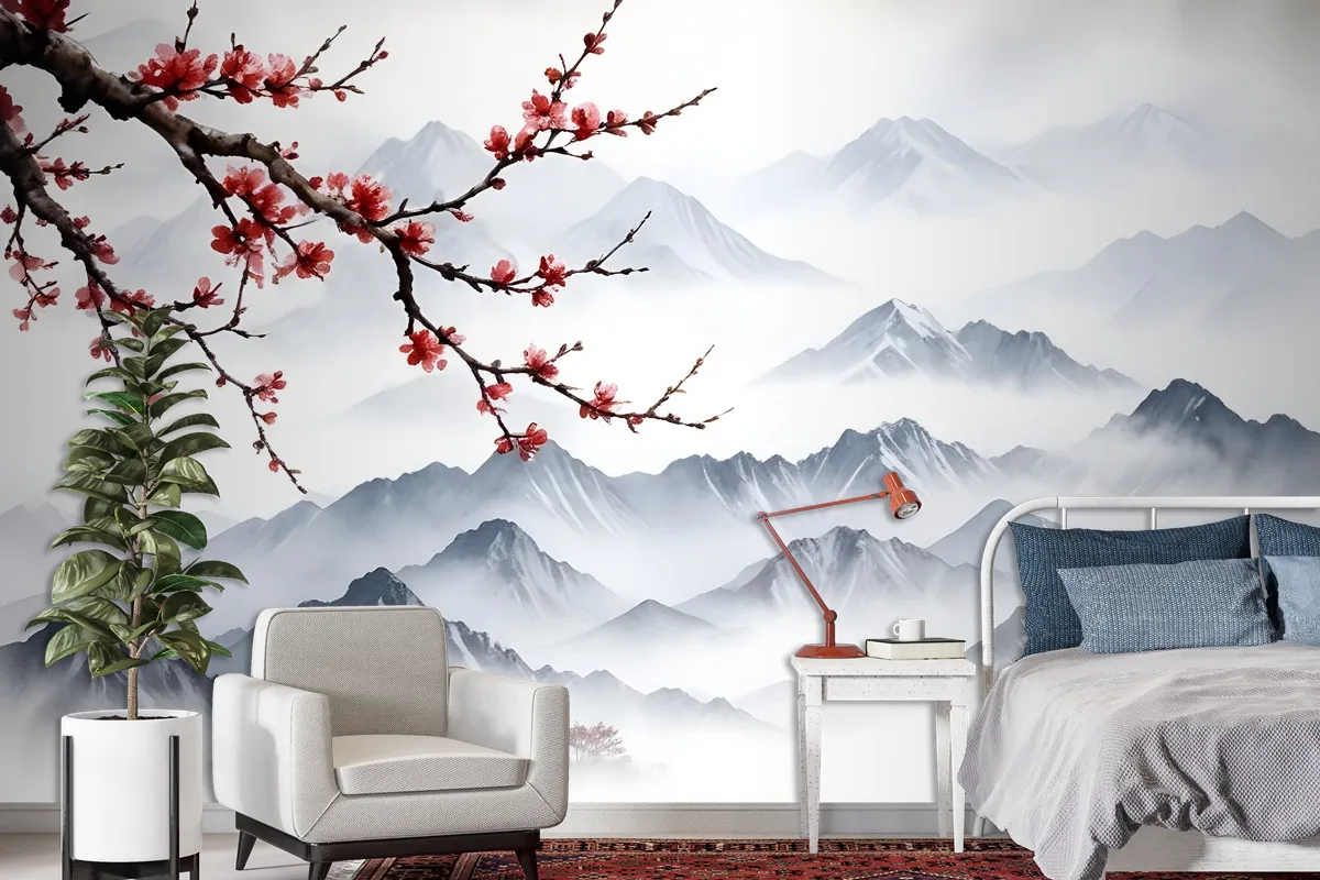 Snowy Mountainscape With Cherry Blossom Wallpaper Mural