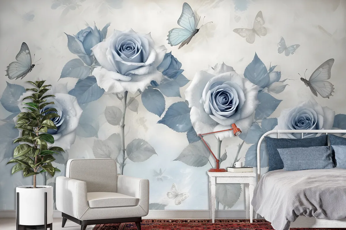 Soft Blue Floral Wallpaper Mural