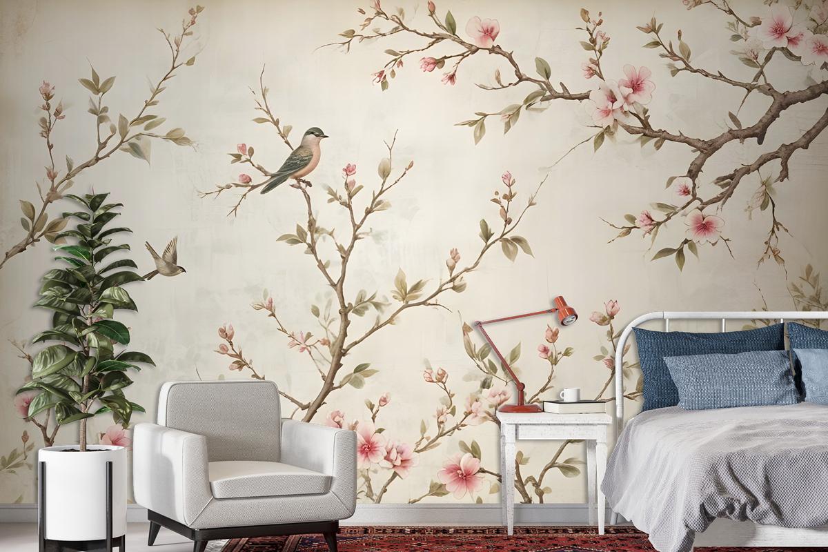 Soft Chinese Florals With Little Birds Wallpaper Mural