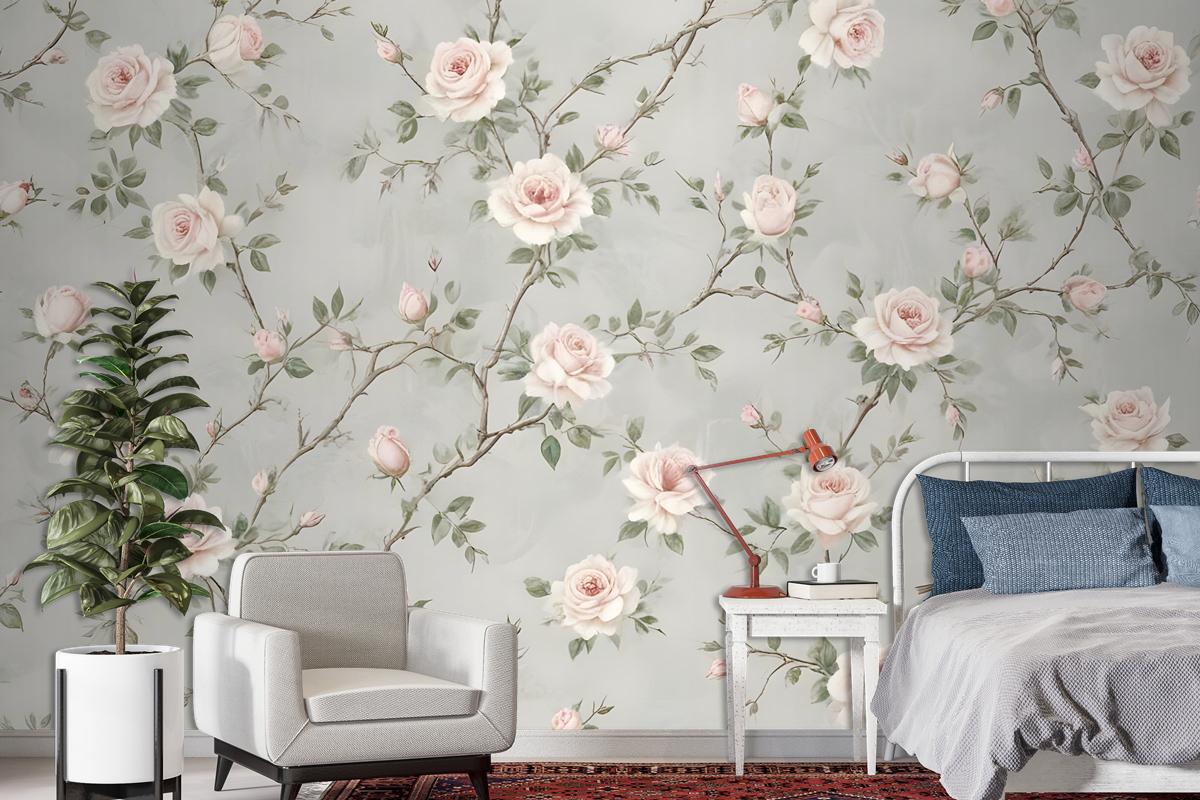 Soft Chinoiserie Peony Tree Blossom Art Wallpaper Mural