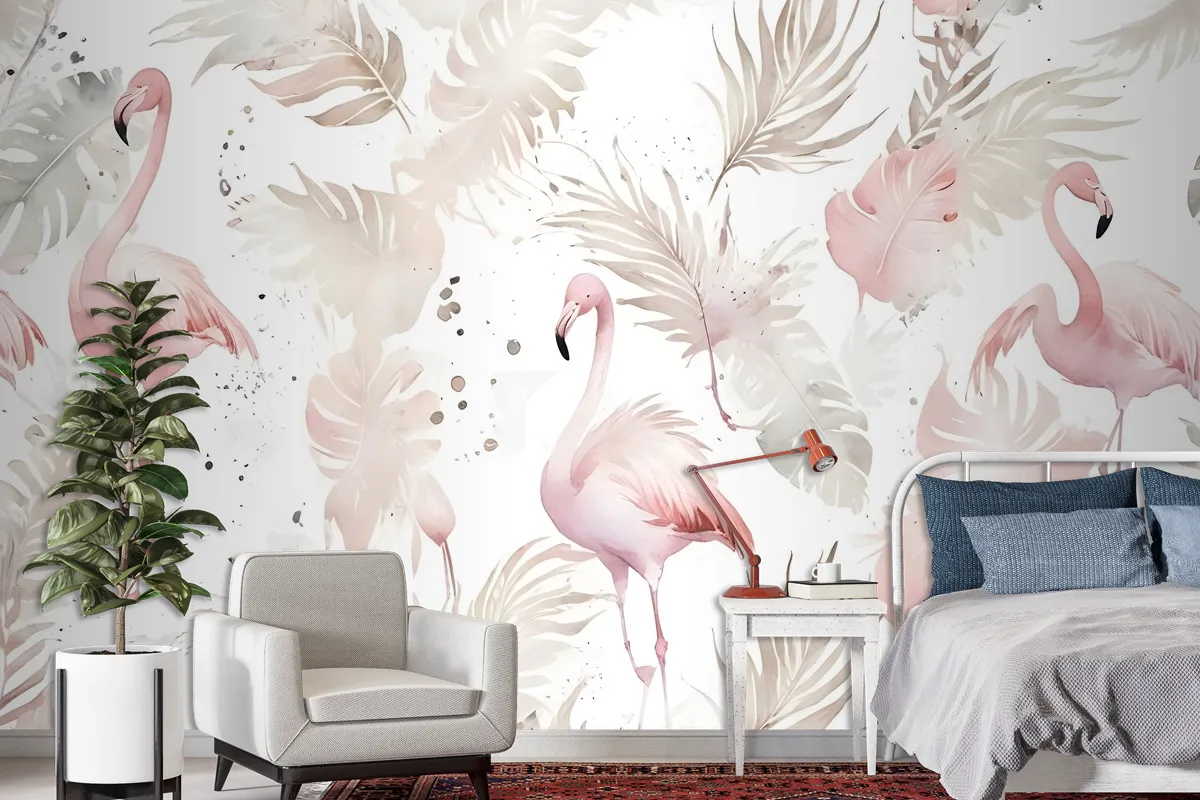 Soft Flamingo Art With Boho Tropical Leaf Wallpaper Mural