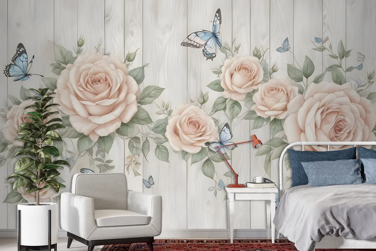 Soft Floral With Butterfly Wallpaper Mural