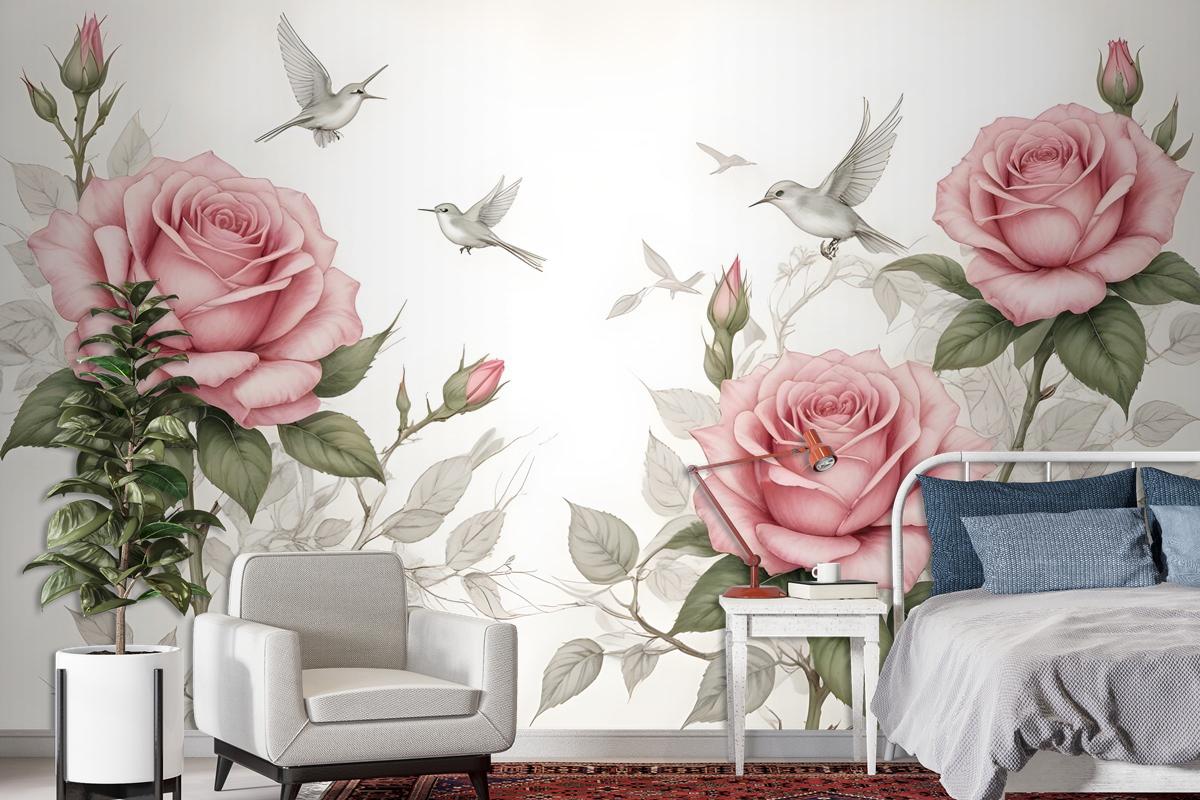 Soft Pink Flower And Charcoal Drawing Roses Wallpaper Mural