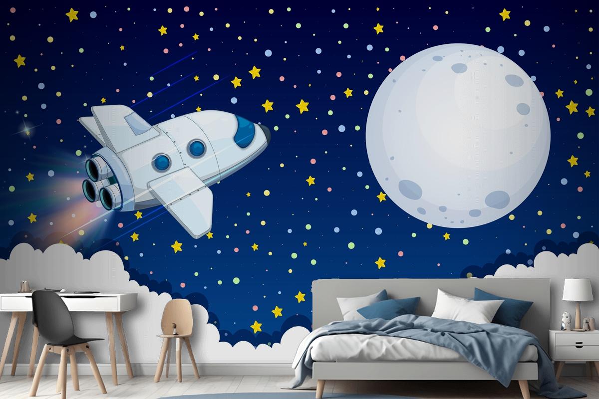 Spaceship Flying To The Moon Wallpaper Mural