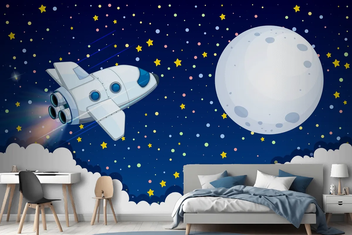 Spaceship Flying To The Moon Wallpaper Mural