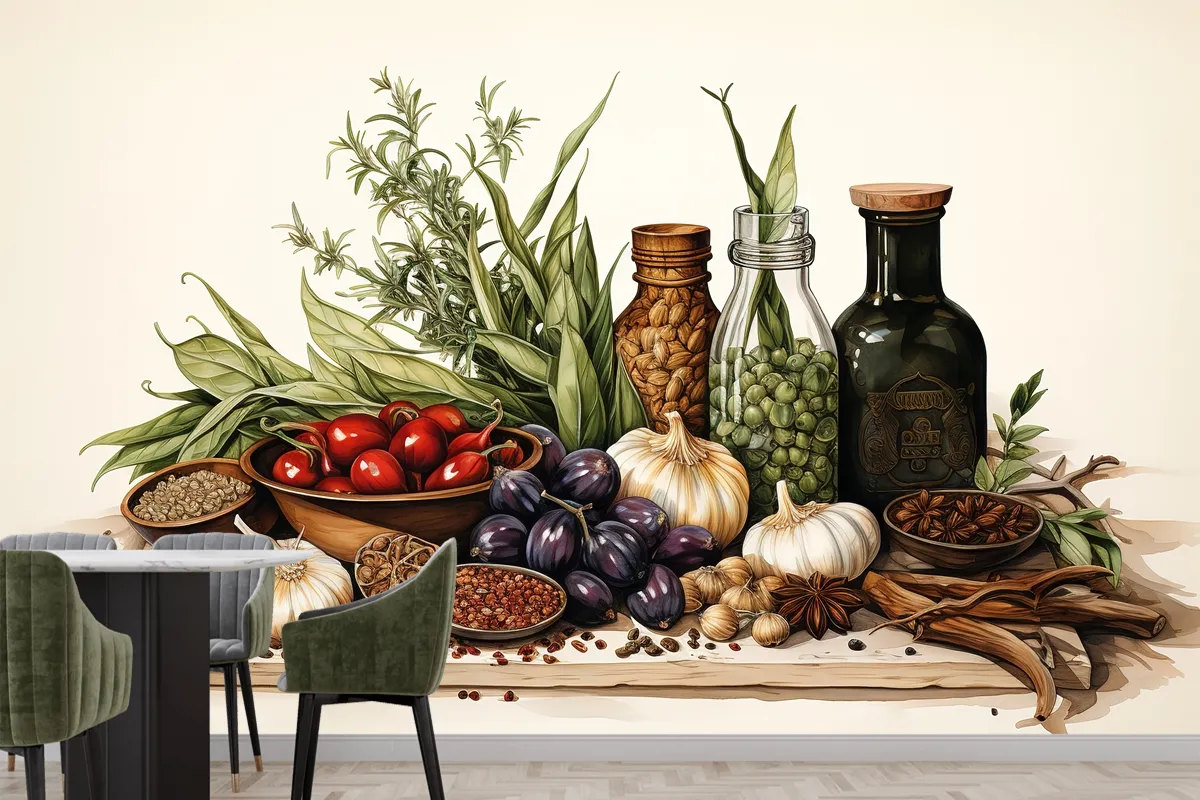 Spices And Herbs On Table Food And Cuisine Ingredients On Table Wallpaper Mural