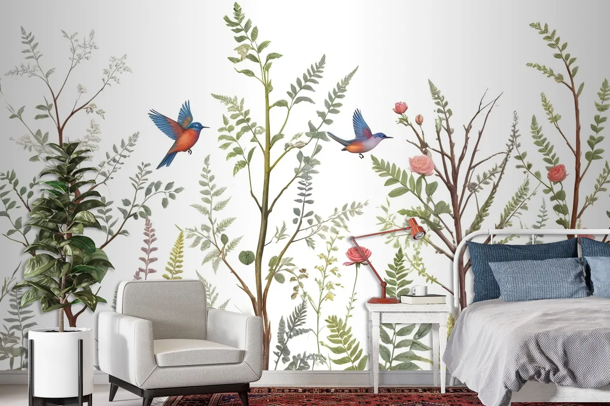 Spring Flower With Birds On The Trees Wallpaper Mural