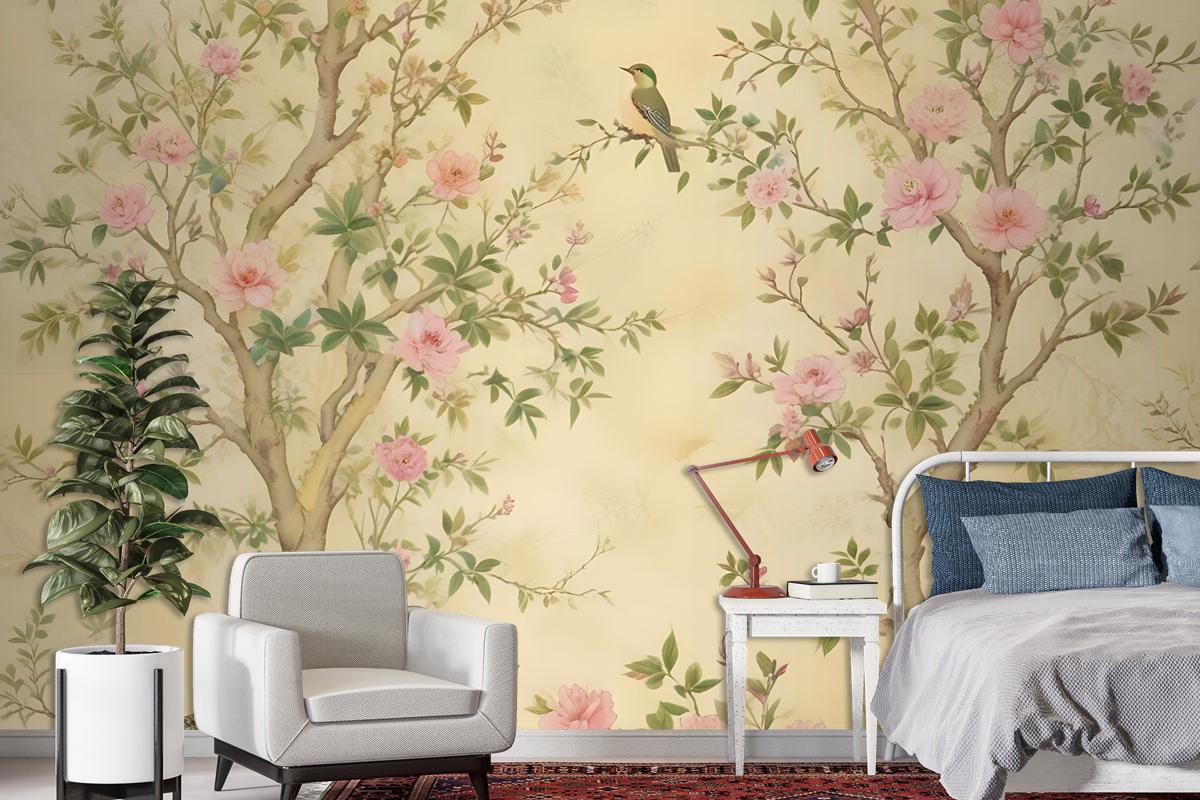 Spring Flowers Birds On The Yellow Background Floral Chinoiserie Wallpaper Mural