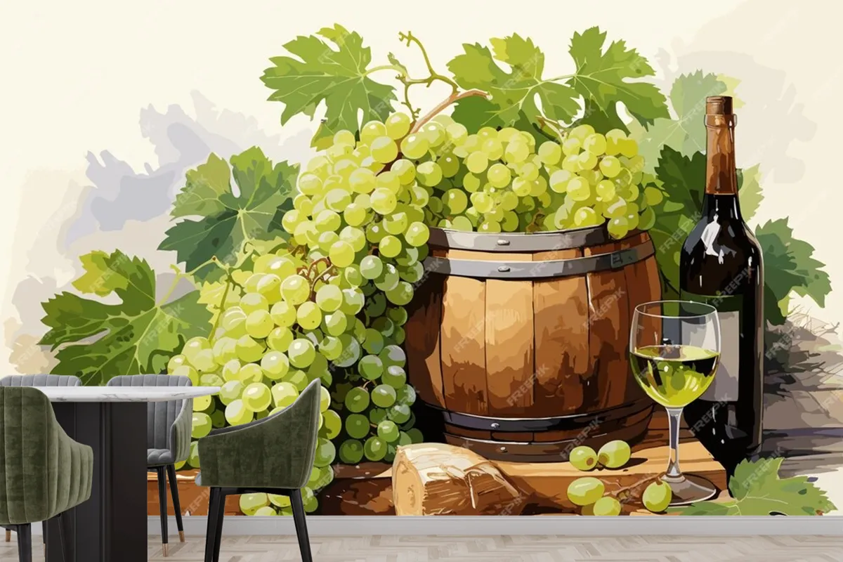 Still Life With Bottle Of White Wine Glass Of Wine And Grapes On Table In Vineyards Wallpaper Mural