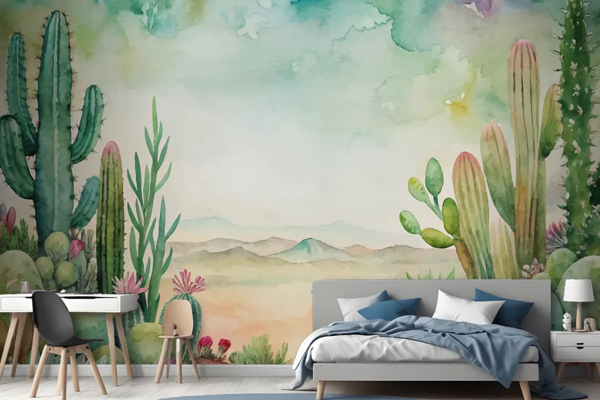 Succulent And Cactus Watercolor Background Wallpaper Mural