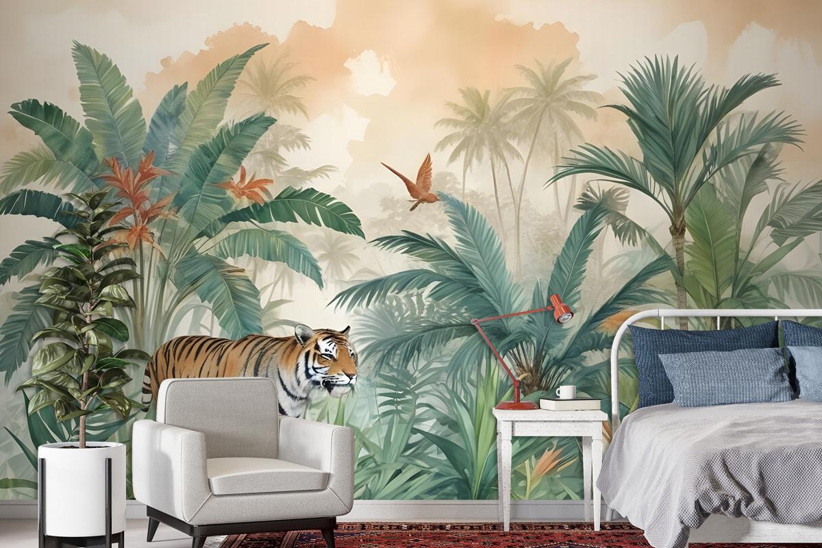 Tiger And Tropical Leaves Wallpaper Mural