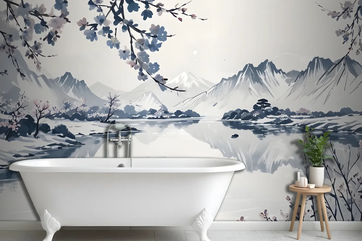 Traditional Chinese Willow & Mountain Ink Wallpaper Mural