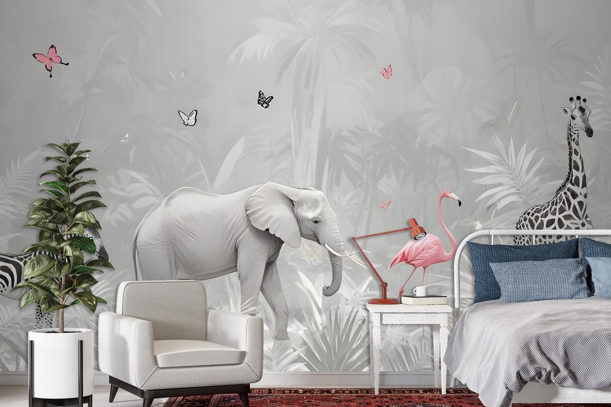 Tropical Animals With Leafs Wallpaper Mural For Children